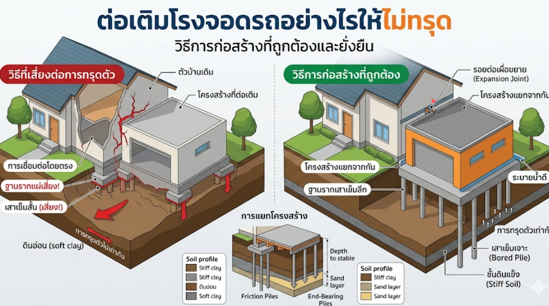 ต่อเติมโรงจอดรถอย่างไรให้ไม่ทรุด